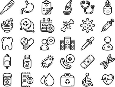 Sağlık ve tıp el yapımı karalama sanat çizimleri ve öğeler - bandaj, sağlık görevlisi, tıbbi tartışma ve diş hekimi gibi -.