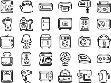 Ev aletleri elle çizilmiş karalama sanat çizimleri ve öğeler - örneğin elbise ütüsü, mikrodalga fırın, açık hava klima ünitesi ve dikiş makinesi.