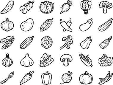 Sebzeler elle çizilmiş karalama sanat çizimleri ve elementler - lahana, havuç, patlıcan ve mantar gibi..