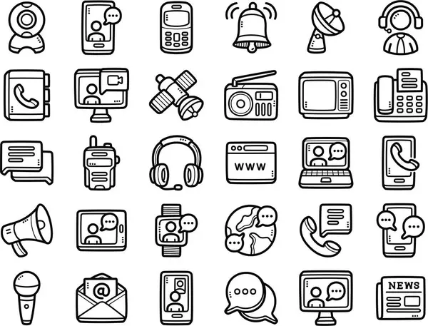İletişim el çizimi karalama sanat çizimleri ve öğeler - kulaklık, telefon görüşmesi, akıllı arama ve video çağrısı gibi.