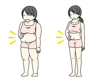 Gizli obezite ve sarkık göbek endişesiyle uçan et toplayan bir kadın.