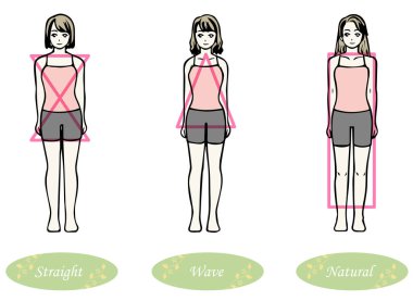 İskelet yapısı tanısı 3 tip vücut şekli illüstrasyonu (Düz, Dalgalı, Doğal)