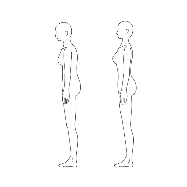 Mujer Médico Postura Encorvado Espalda Belleza Desnudo Cuerpo Completo Horizontal — Vector de stock