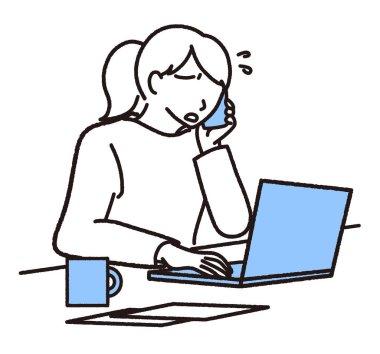 Dizüstü bilgisayarı ve kahve fincanı çizimi olan kadın