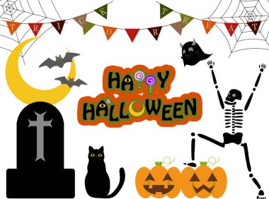 halloween party, illustration with pumpkins, ghost, bat, bats