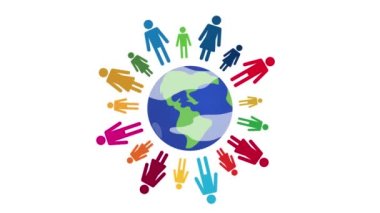 SDG 'lerden esinlenilmiş farklı renkli videodaki kişilerle renkli arkaplan