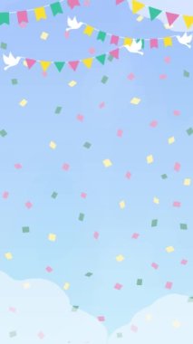 Vertical background animated video with confetti dancing blue sky and birds with festive garland in mouth flying.Loopable