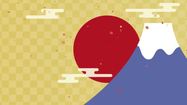 Animowany Film Fuji Słońce Mgła Szachownica Konfetti Tańczącym Powietrzu — Wideo stockowe