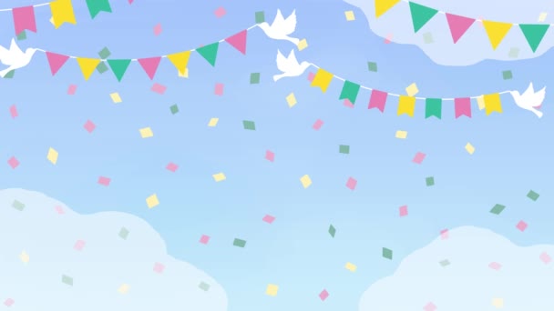 Background Animated Video Confetti Dancing Blue Sky Birds Flying Festive — Video Stock