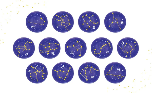 Illustration Emblématique Ciel Étoilé Avec Lignes Zodiaque Symboles Dessinés Main — Image vectorielle