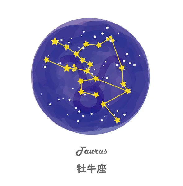 这是在星空下画出的金牛座的图解 星座的名称为英文和日文 — 图库矢量图片
