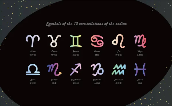 这是12个黄道星座黄道和手绘符号星空的图标 — 图库矢量图片
