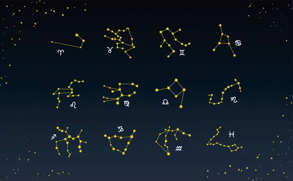 Este Icono Ilustrativo Cielo Estrellado Con Líneas Zodiacales Símbolos Dibujados — Archivo Imágenes Vectoriales