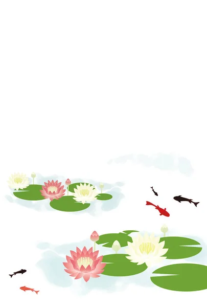Фоновая Иллюстрация Пруда Цветущими Водяными Лилиями Плавающими Золотыми Рыбками — стоковый вектор