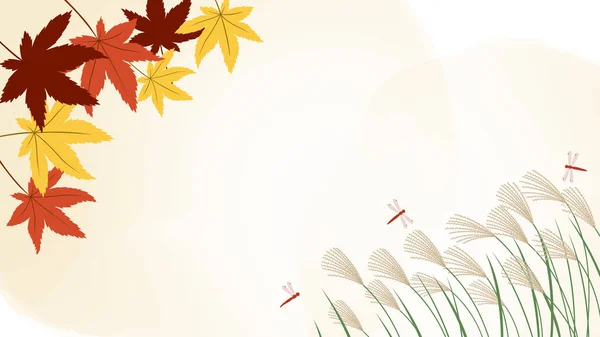 这是一个日本风格的水彩画框 以秋叶 银草和蜻蜓为特色 — 图库矢量图片