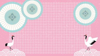 Bu, Japon şemsiyesi ve vinç motifli şirin ve uğurlu bir arkaplan çizimi..