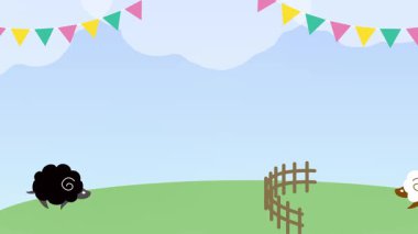 Güneşli bir arazide koşuşturan siyah beyaz koyunların illüstrasyon videosu, çerçeve düşüşü gibi..