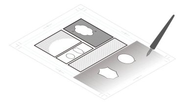 Panel bölümleri ve tonlarının uygulandığı bir karikatür el yazması resmi. Isometric