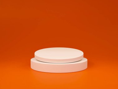 Turuncu arka planı olan beyaz yuvarlak podyum, 3 boyutlu çizim, 3 boyutlu resim modeli