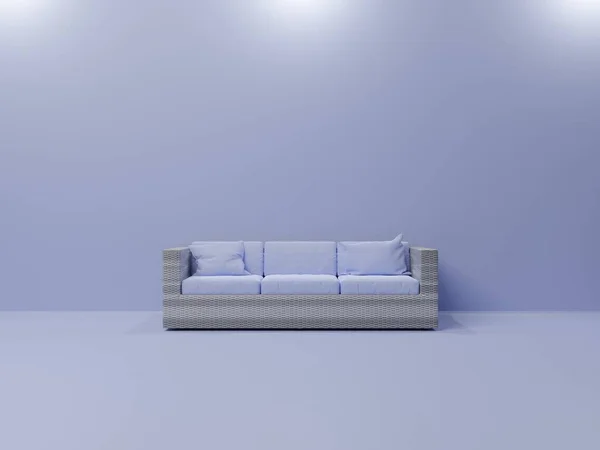 empty white sofa with blue pillows.