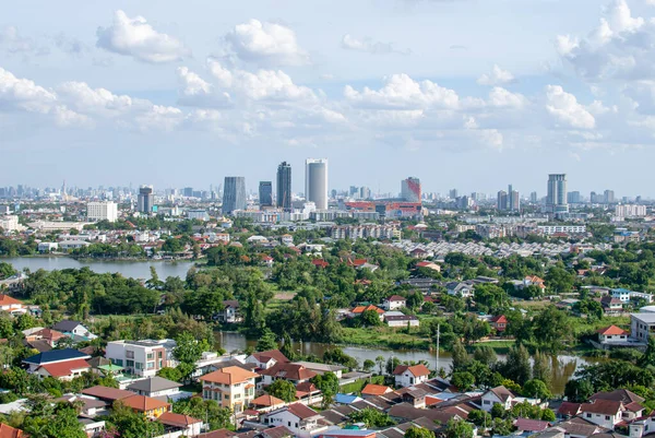 View of the city from a tall building overlooking the transparent city.