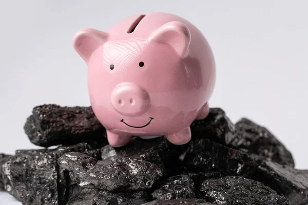 Pink pig piggy bank in a pile of fossil coal on an isolated white background.