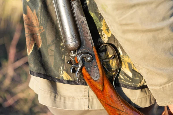 Mature Man Hunter Gun While Walking Field — Stock Photo, Image