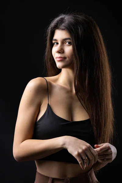 Classic Studio Portrait Young Brunette Dressed Black Top Who Sitting — Stockfoto