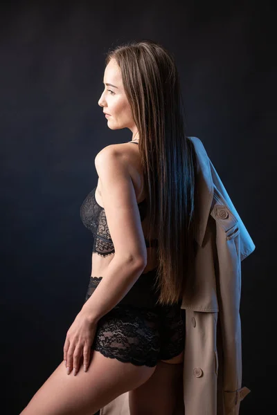 Studio Portrait Young Slender Girl Lingerie Black Background — Stock Fotó