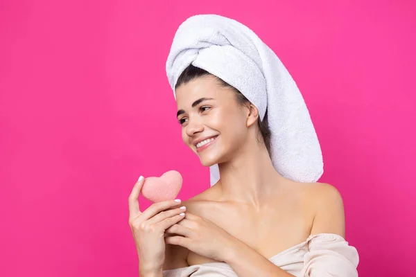 Beautiful Cheerful Attractive Girl Towel Her Head Holds Sponge Form — Stock Photo, Image