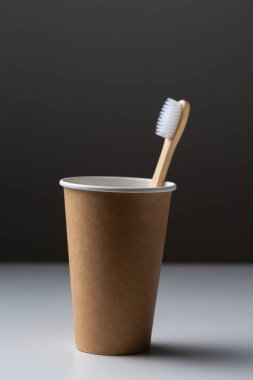 Toothbrush in a cardboard ecological cardboard cup, hygiene health care.
