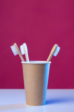 Toothbrush in a cardboard ecological cardboard cup, hygiene health care.