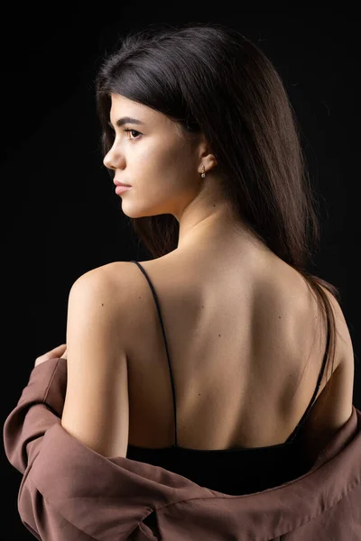 Classic Studio Portrait Young Brunette Dressed Black Top Formal Suit — Stockfoto