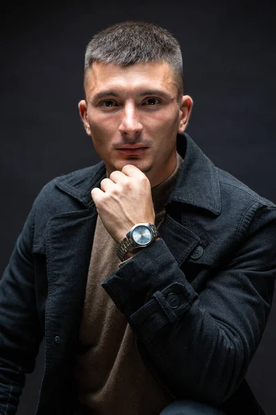 Young Successful Stylish Man Classical Portrait Businessman Dressed Jacket Watch — Stockfoto