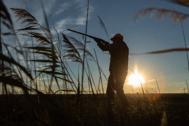 Hunter aiming with rifle while standing against sky