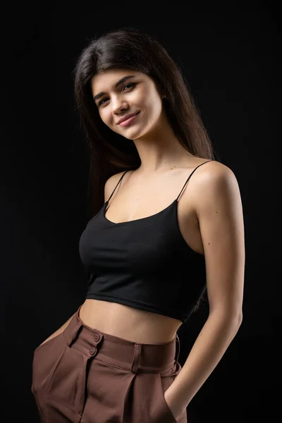 Classic Studio Portrait Young Brunette Dressed Black Top Who Sitting — Photo