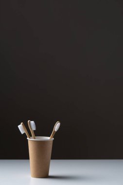 Toothbrush in a cardboard ecological cardboard cup, hygiene health care.