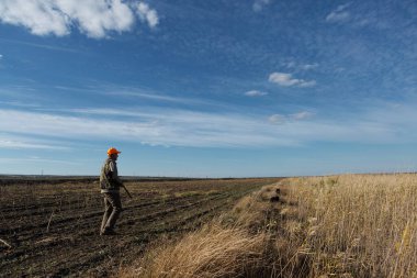 Mature man hunter with gun while walking on field.