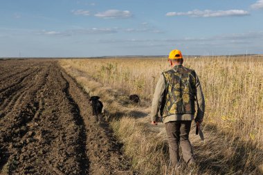 Mature man hunter with gun while walking on field.