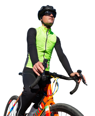 Cyclist riding bicycle on road against clear sky. A man in an outfit stands with a bicycle on an autumn sunny day.