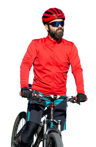 Cyclist riding bicycle on road against clear sky. A man in an outfit stands with a bicycle on an autumn sunny day.