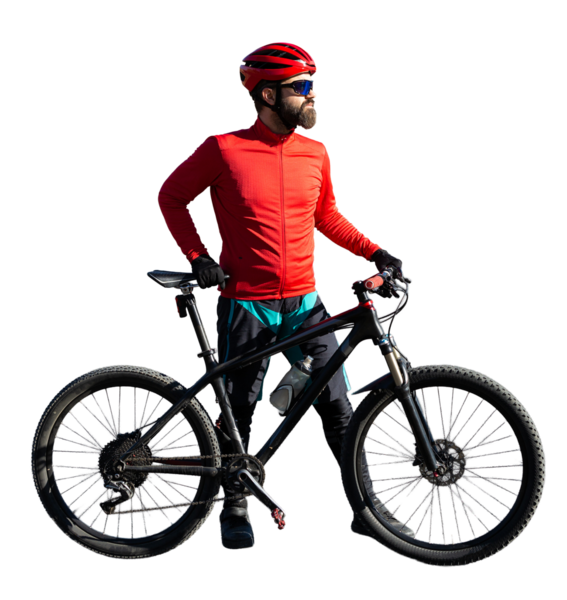 Cyclist riding bicycle on road against clear sky. A man in an outfit stands with a bicycle on an autumn sunny day.