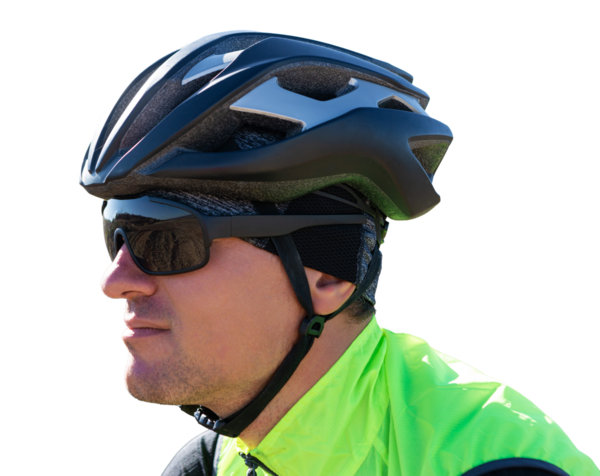 Cyclist riding bicycle on offroad against clear sky. A man in an outfit stands with a bicycle on an autumn sunny day.