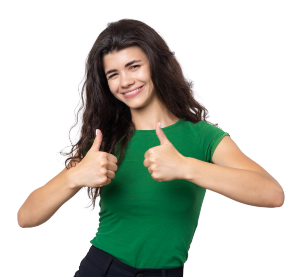 Çekici, şaşırmış bir kızın baş parmağını gösteren yakın plan portresi. Başarı şans konsepti.