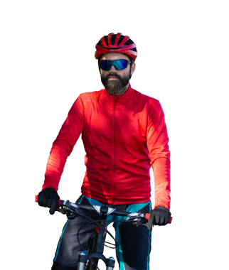 A man in clothes stands with a bicycle on an autumn sunny day. Cyclist in an urban environment.