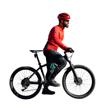 Cyclist riding bicycle on road against clear sky. A man in an outfit stands with a bicycle on an autumn sunny day.