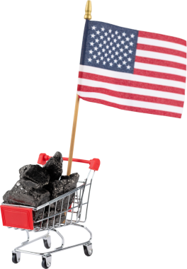 Grocery cart loaded with fossil coal selling fuel under American flag.