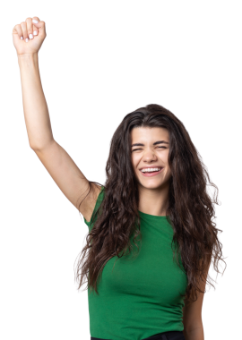 Mutlu genç kız sevinçle yumruğunu kaldırıyor! Başarılı zafer işaretleri..