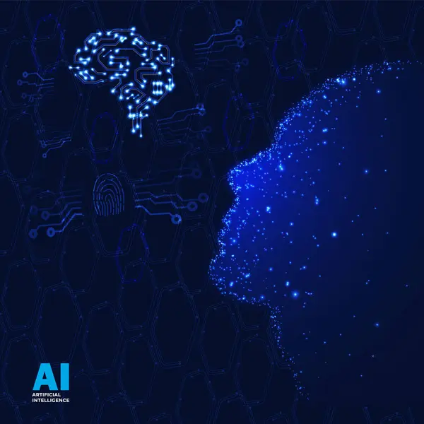 Yapay Zeka. Yapay zeka logosu veya simgesi. Soyut teknolojik kavramsal yapay zeka geçmişi. Yapay zeka geçmişi ya da afişi. Bir insan kafası silueti. Vektör illüstrasyonu EPS10.