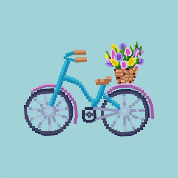 Pikselleştirilmiş bisikletler. Çiçek sepetiyle. Vektör illüstrasyonu EPS10